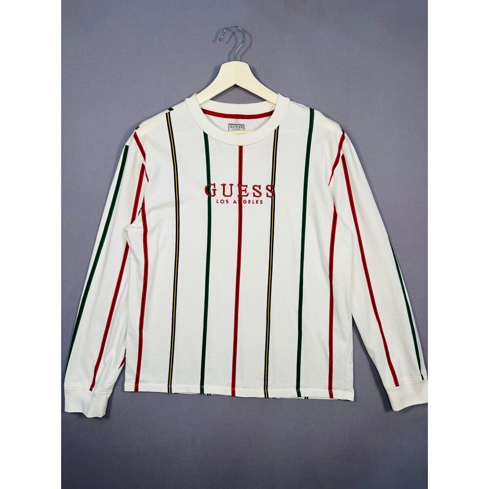 Guess Striped Long Sleeve Embroidered Logo Tee Size Medium